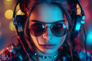portrait of a beautiful sexy DJ girl in glasses and headphones in neon lighting, model with dark hair looking at the camera