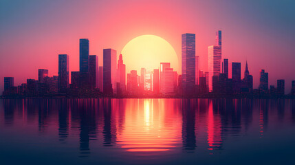 Fototapeta premium Sunset Cityscape, Urban Skyline Reflected in Calm Waters at Dusk
