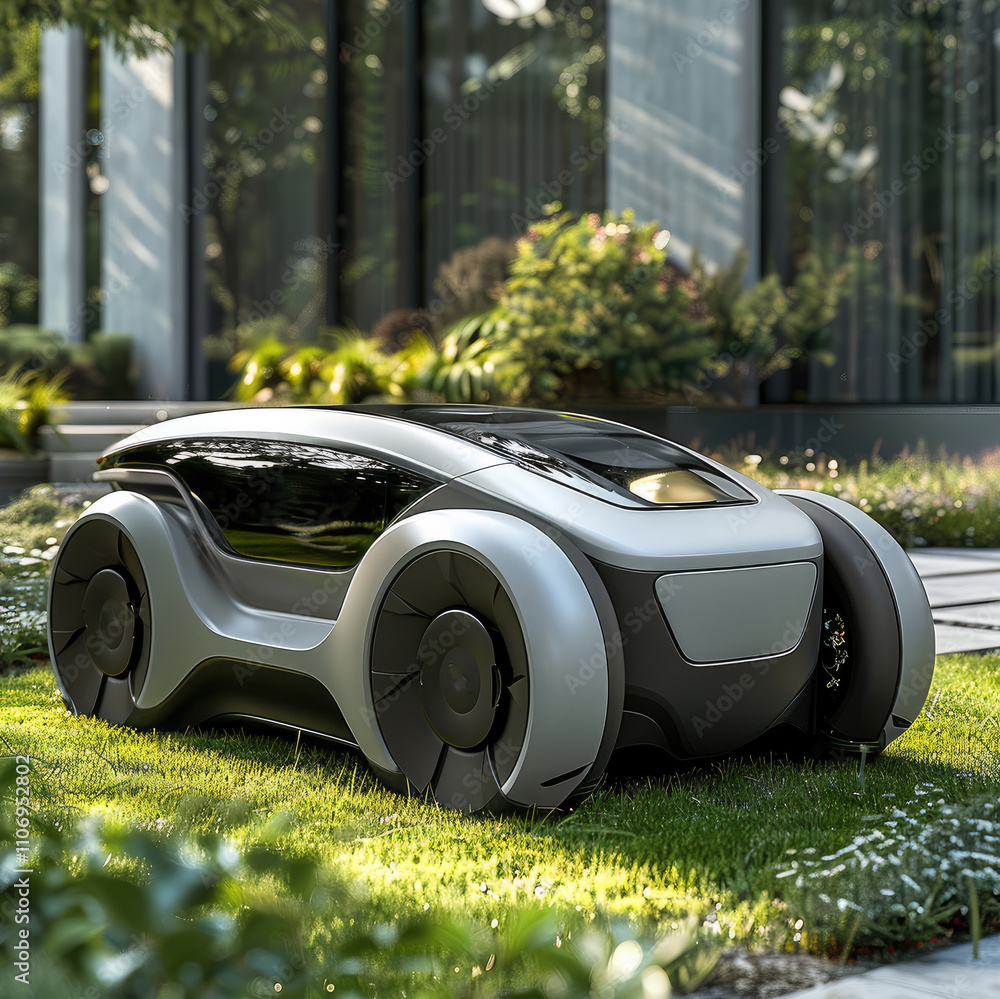 Poster The Smart Mowing Robot is extremely minimalist, the product is silver-grey in color and metallic, with a four-wheel drive mode and elements of conceptual power tools.