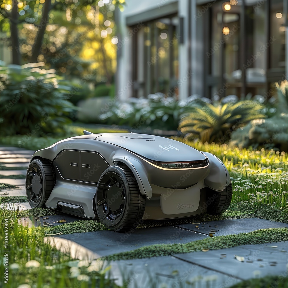 Poster The Smart Mowing Robot is extremely minimalist, the product is silver-grey in color and metallic, with a four-wheel drive mode and elements of conceptual power tools.