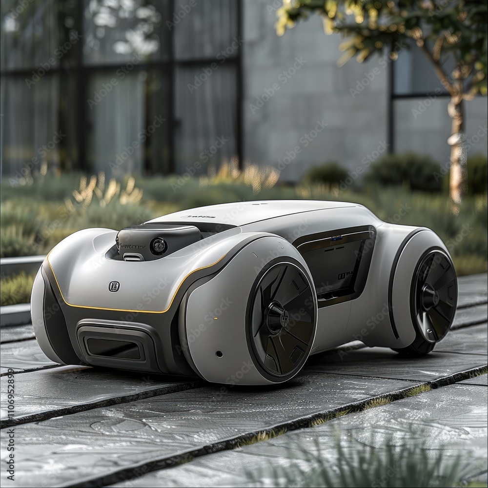 Aufkleber the smart mowing robot is extremely minimalist, the product is silver-grey in color and metallic, wi