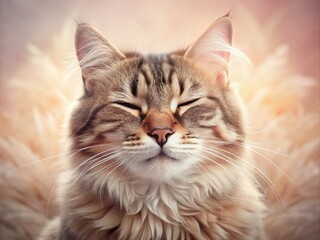 Fototapeta premium Grinning Cat Face with Closed Eyes Emoji Captured in a Bright, Playful Portrait Setting, Ideal for Celebrating Joy and Whimsy in Cute Animal Photography