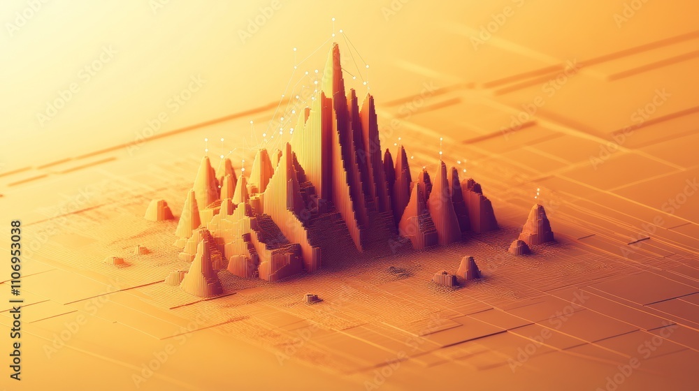 Poster Abstract 3D landscape with towering peaks and a warm color palette.