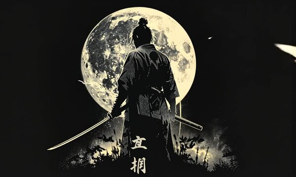 Silhouette of a samurai warrior with sword against a full moon background with Japanese writing on black backdrop.