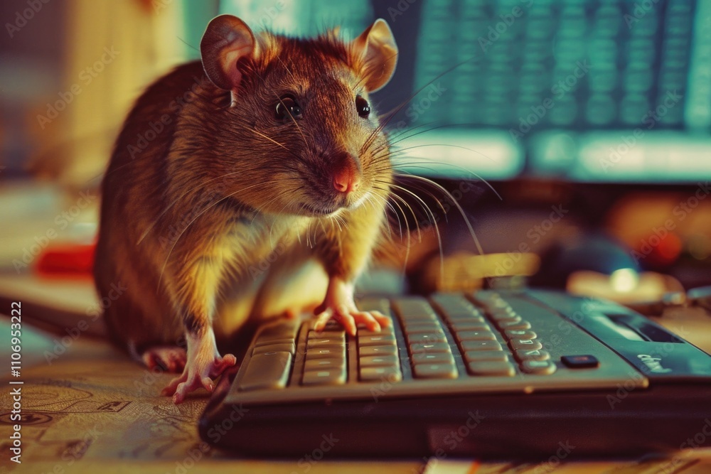 Poster small brown mouse is sitting on a keyboard. the mouse is looking at the camera and he is curious