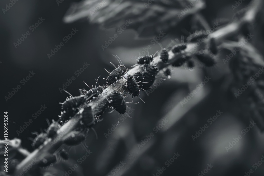 Poster close up of a branch with many bugs on it. the bugs are crawling on the branch and there are many of