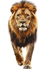 Lion with a long mane walks across a white background. The lion's mane is brown and it has a fierce look on its face