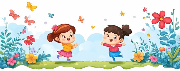 Fototapeta premium Joyful Girls in a Blooming Garden, Illustration of Two Happy Children Playing Amidst Vibrant Flowers and Butterflies.