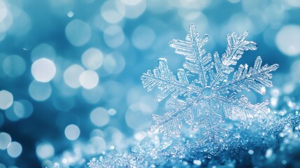 Detailed Close-Up of Frozen Snowflake on Sky Blue Background Representing Winter Elegance and Delicacy