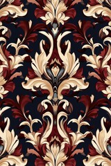 Patterned wallpaper with red and white flowers. The design is intricate and detailed, with a mix of bold and subtle colors. The wallpaper has a vintage feel to it, evoking a sense of elegance