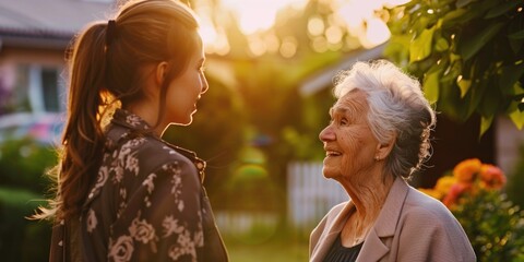 Young woman is talking to an older woman in a garden. The older woman is smiling and the younger woman is looking at her