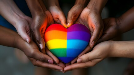 Naklejka premium LGBTQ Allies Together Concept, Hands of Diverse Skin Tones Holding a Vibrant Rainbow Heart Symbolizing Unity and Acceptance
