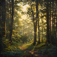 Fototapeta premium Golden Hour in the Forest: Serene Landscape Featuring Lush Greenery and a Meandering Pathway