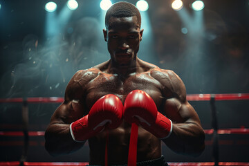 A muscular boxer wraps his hands with red tape in preparation for a fight in a dark arena lit by spotlights. - Powered by Adobe