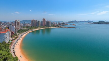 Naklejka premium Coastal Cityscape with Sandy Beach and Turquoise Waters