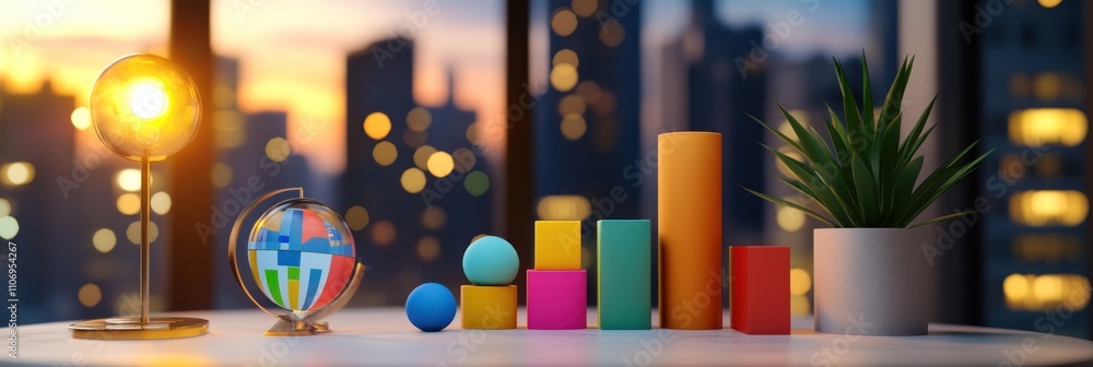 Poster a modern workspace featuring a lamp, globe, and colorful geometric shapes against a city backdrop.