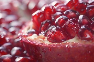 Close up of a red fruit with drops of water on it. The fruit is a pomegranate