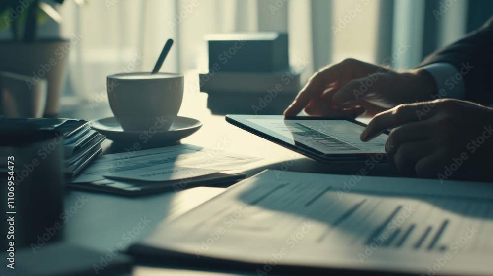 Aufkleber A person working on a tablet at a desk with documents and a cup of coffee.