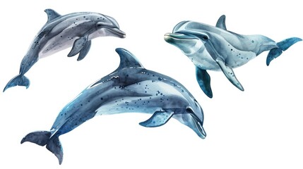 Fototapeta premium Three dolphins are swimming in the ocean. The dolphins are in the water and are swimming together. The water is blue and the sky is white