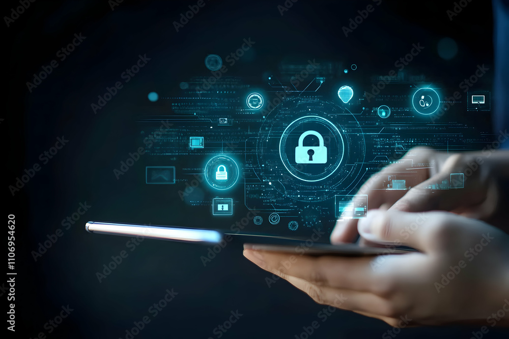 Poster digital security. hands interact with cyber protection interface