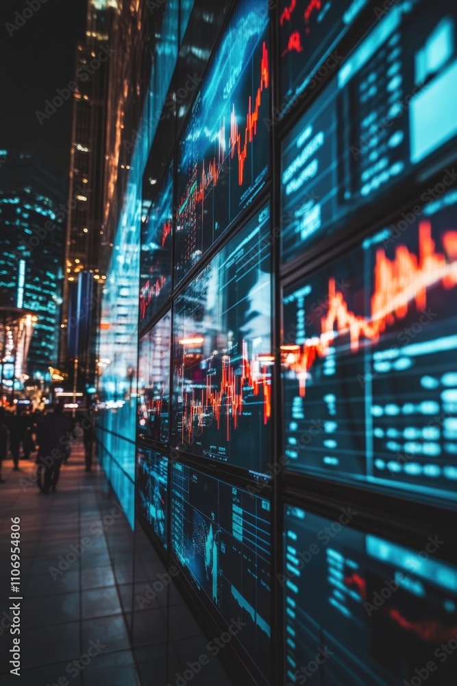 Poster wall of monitors displaying stock market data. scene is intense and focused, as the numbers on the s