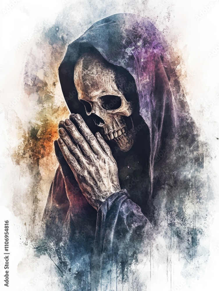 Poster skeleton is praying with his hands together. scene is solemn and mysterious. the idea behind the ima
