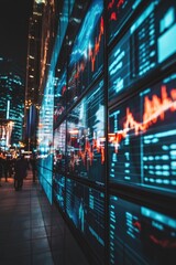 Fototapeta premium Wall of monitors displaying stock market data. Scene is intense and focused, as the numbers on the screens are constantly changing and fluctuating