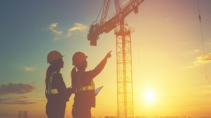 Construction workers collaborating at sunset urban site photography outdoor perspective teamwork