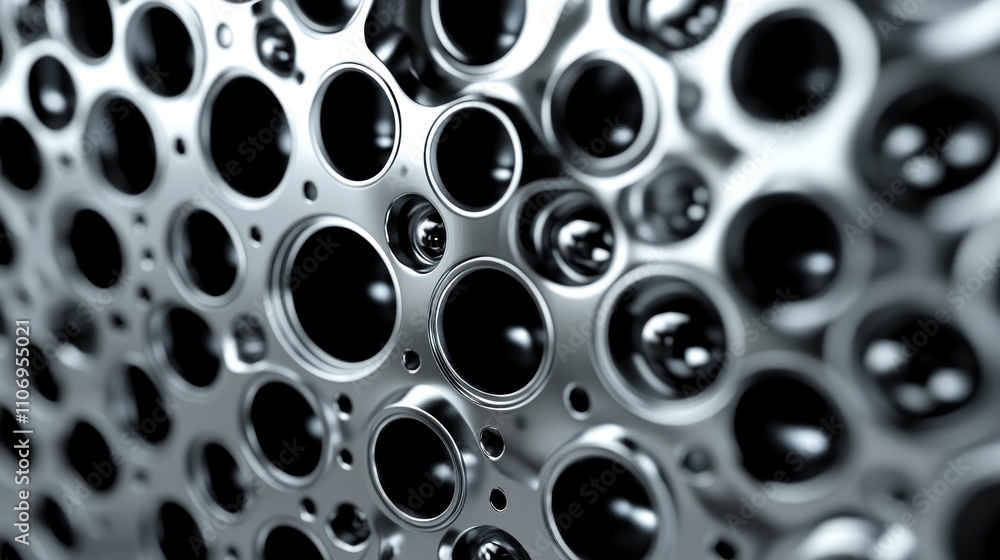Poster a close-up view of a metallic surface with circular holes, showcasing industrial design.