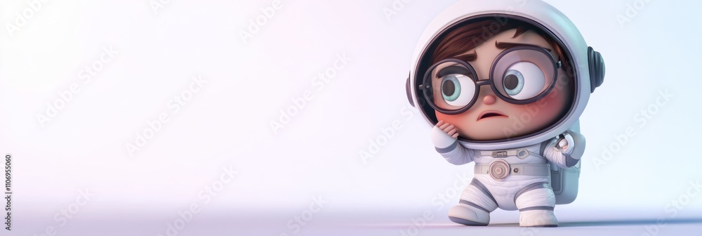 Poster A cute animated character in a spacesuit, looking curious and slightly worried.