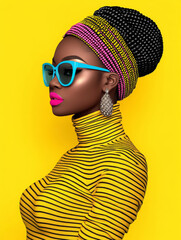 Side-profile portrait of a woman in a colorful braided headwrap, blue sunglasses, pink lips, striped yellow turtleneck, and statement earrings, set against a vibrant yellow background for a bold aesth