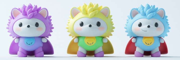 Three colorful, cute hedgehog characters in capes, designed as playful toys.