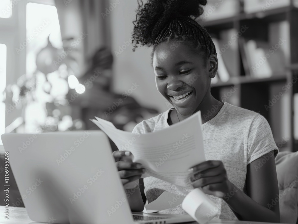 Aufkleber young girl is sitting at a table with a laptop open and a piece of paper in front of her. she is smi