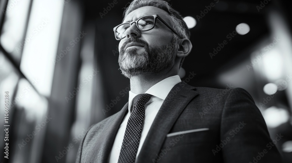 Poster man in a suit and tie stands in a room with a serious expression on his face. he is wearing glasses 