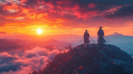 Obraz premium samurai, japan, japanese, ninja, katana, japanese sword, duel, art, scene, cool, emotion, sunset, beauty, war, battle, armor, warrior, snow, mt. fuji, cherry blossoms, clouds, mountain top, temple,