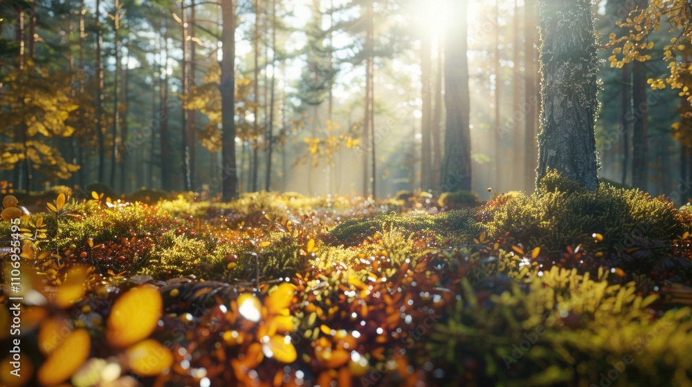 Poster forest with a tree in the middle of it. the sun is shining through the trees, creating a warm and pe