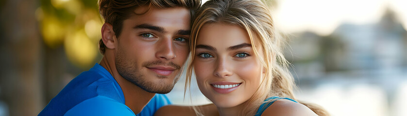 Obraz premium Attractive Couple Portrait, A Close-Up of a Young Man and Woman Smiling Joyfully Together Outdoors