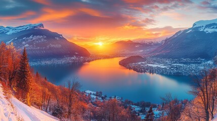 Scenic Winter Sunset over Lake with Snow-Covered Mountains and Forest
