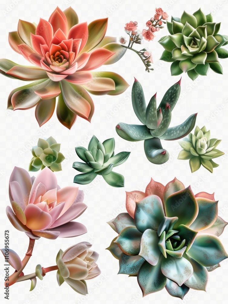 Poster collection of various types of succulent plants with different colors and shapes. the plants are arr