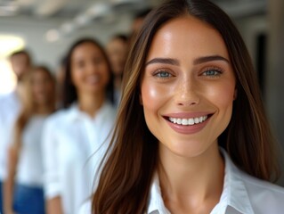 Fototapeta premium Woman with long brown hair and a white shirt is smiling. She is surrounded by other people, but the focus is on her. Scene is happy and friendly