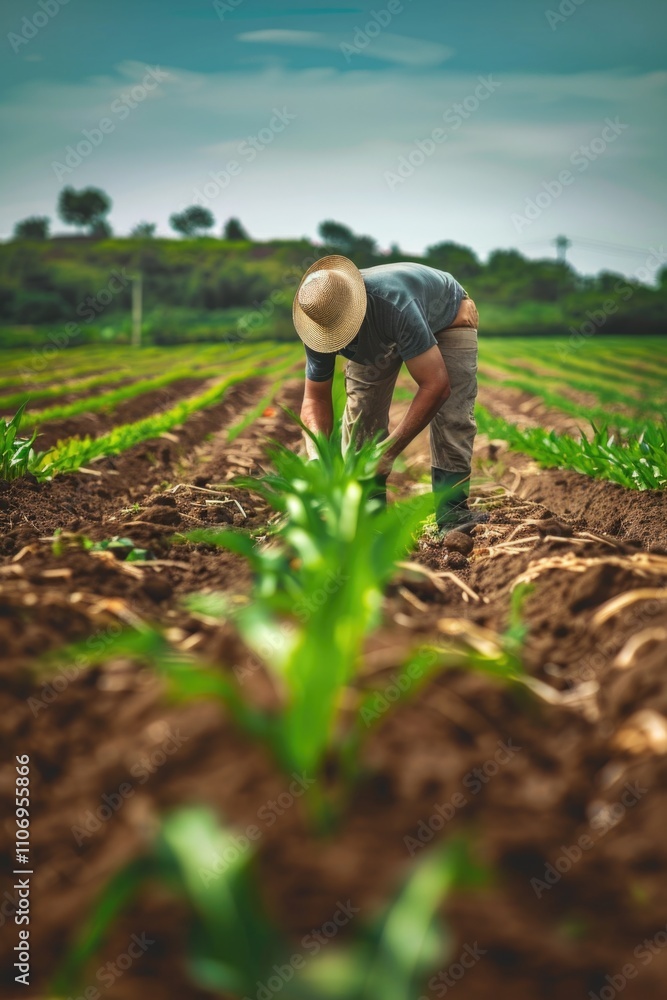 Poster man is working in a field of corn. he is bending over to pick up a plant