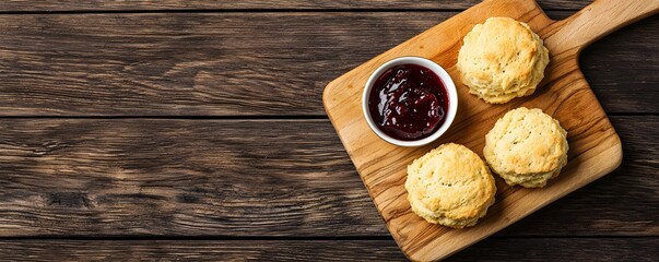 Plant-Based Bakery Concept, Warm Toned Wooden Cutting Board with Delicious Biscuits and Jam for Culinary Inspiration