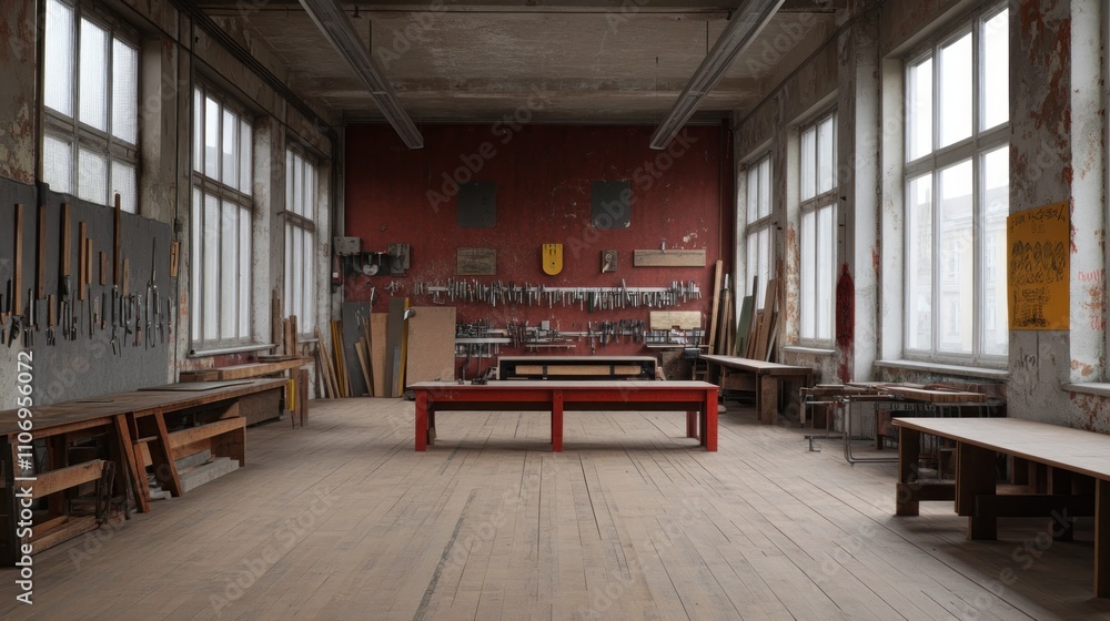Poster a spacious workshop with wooden tables and tools, designed for crafting and woodworking.
