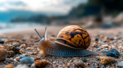 Snail Shell on Sandy Beach; Close-up of a Snail Crawling on Pebbles near Ocean