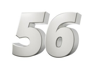 3d Shiny Silver Number 56, Fifty Six 3d Silver Number Isolated On White Background, 3d illustration
