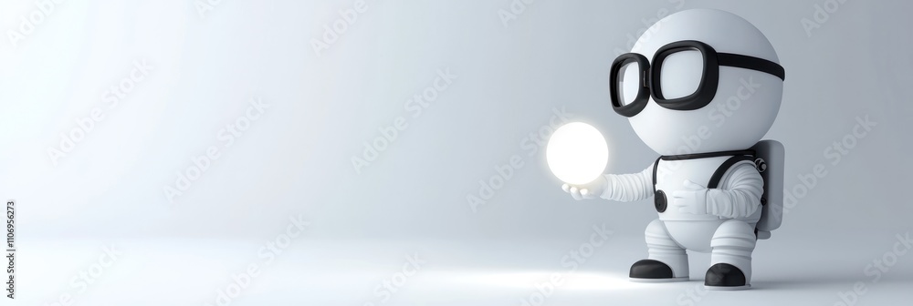 Aufkleber a small, cartoonish astronaut character holds a glowing orb in a minimalist setting.