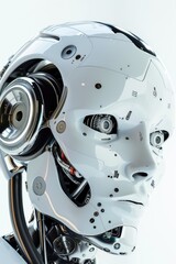 Robot with a white face and black ears. The robot is made of metal and has a futuristic look