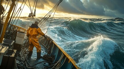 Obraz premium Navigating the Rough Seas Aboard a Fishing Vessel with High Waves Crashing Against the Ship