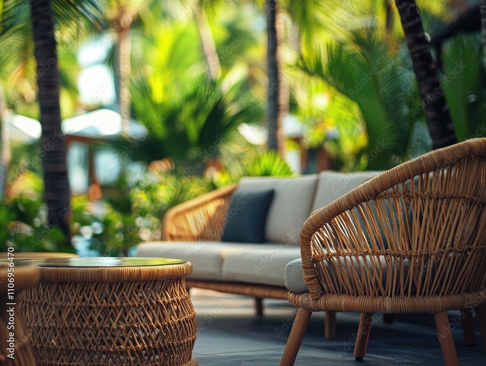 Poster wicker patio set with a coffee table and two chairs. the chairs are tan and the table is brown. the 