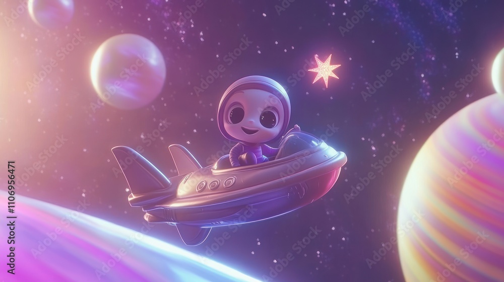 Poster a cheerful character in a spaceship explores a colorful, dreamy outer space scene.